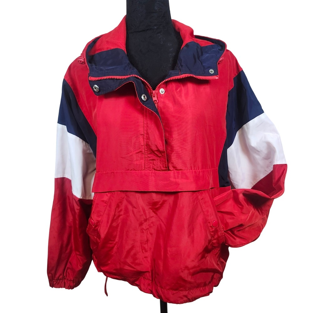 Forever 21 Red Navy White Colorblock Windbreaker Pullover Hooded Jacket Sz‎ L